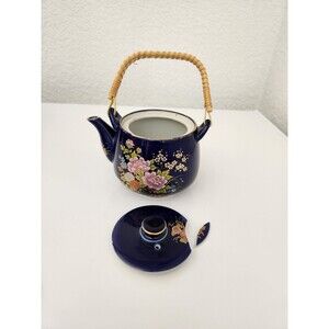 Kutani Cobalt Blue Porcelain Teapot Flower Cart Gold Trim Japan FOR REPLACEMENT